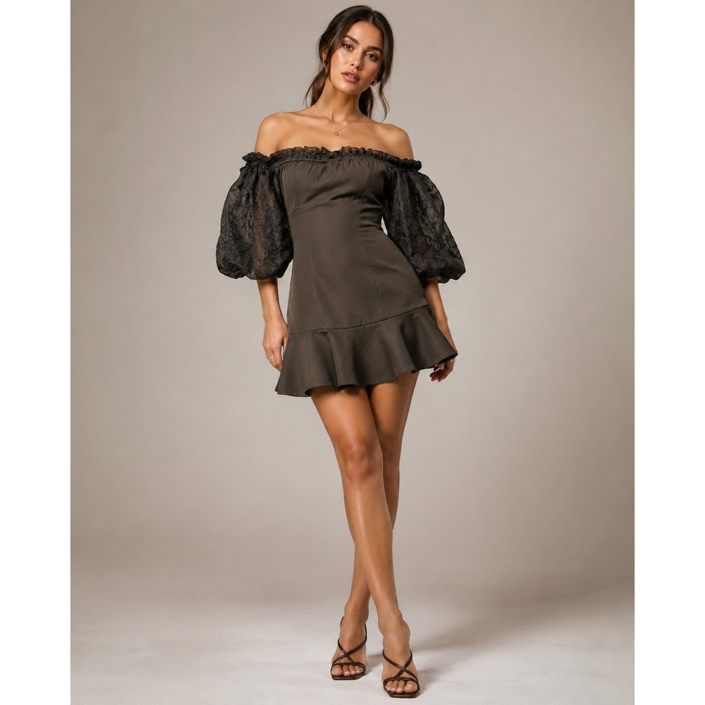 Idem Ditto Black Off Shoulder Ruffle Mini Dress Sheer Puff Sleeve 11194D Small